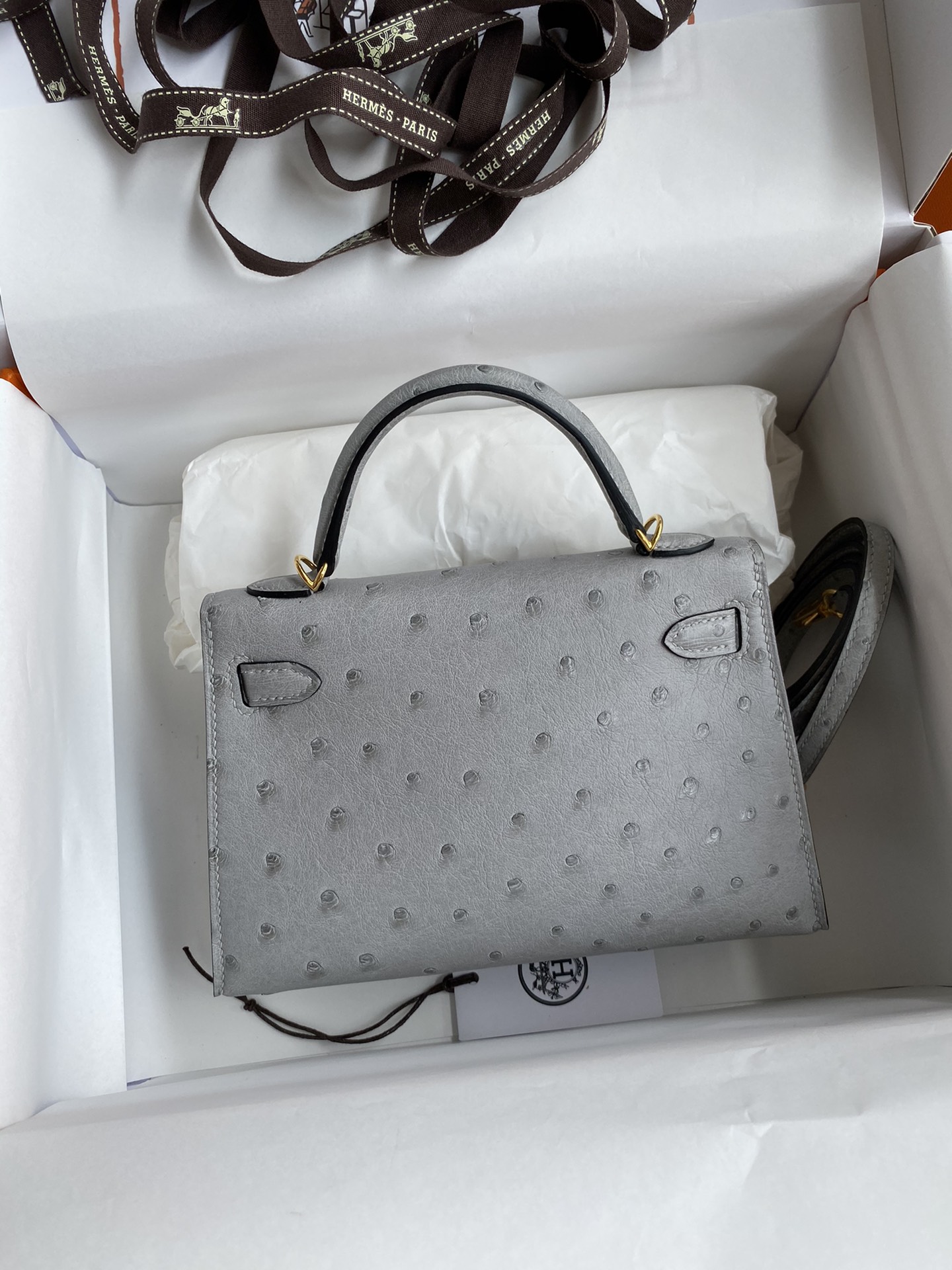 Hermes Kelly Mini II Bag 19CM In Grey Ostrich Leather